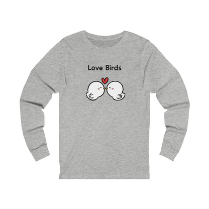 Gray Printify long sleeve clothes with Love Birds graphic of two kissing white birds and a red heart