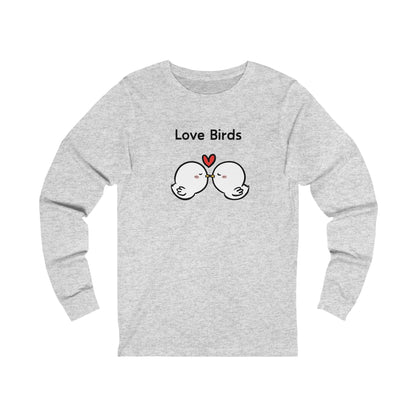 Gray Printify long sleeve clothes with Love Birds cartoon design and heart graphic on front