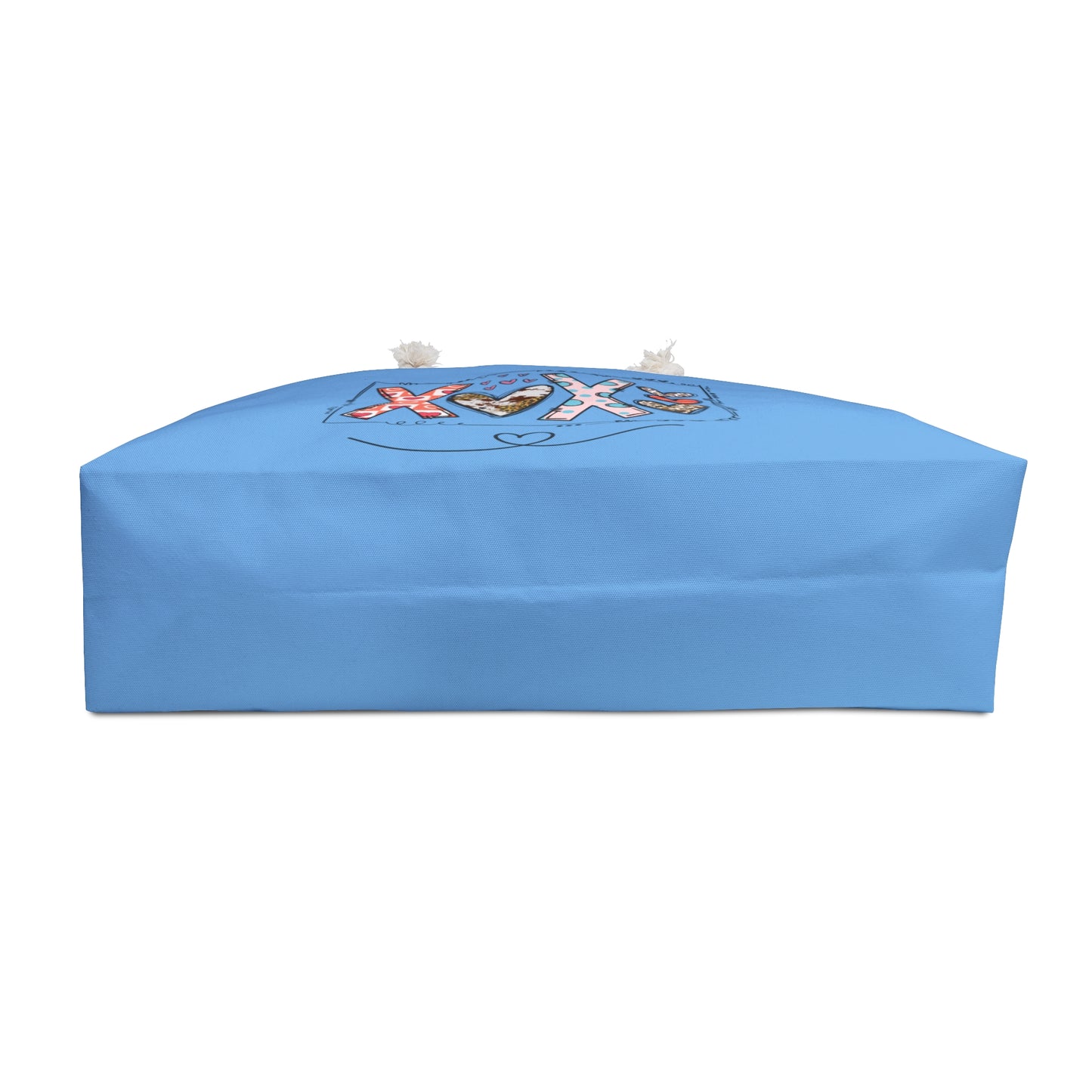 Blue love graphic weekender bag from Printify with rope handles and colorful XOXO design
