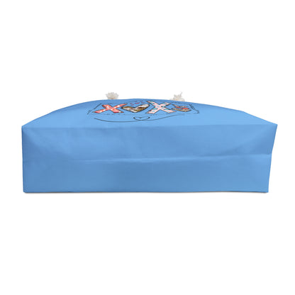 Blue love graphic weekender bag from Printify with rope handles and colorful XOXO design