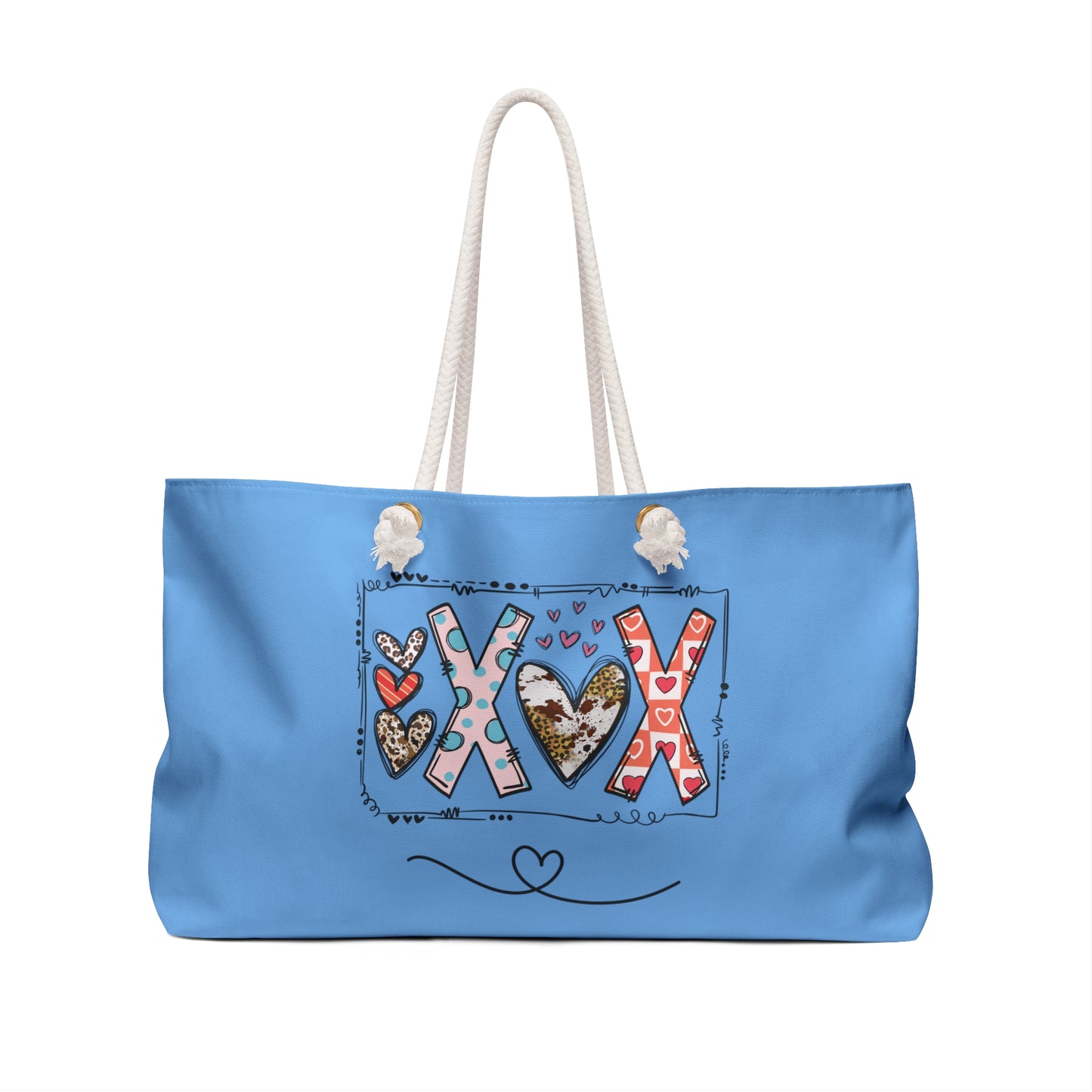 Printify love graphic weekender bag in blue with decorative XOX heart design and white rope handles