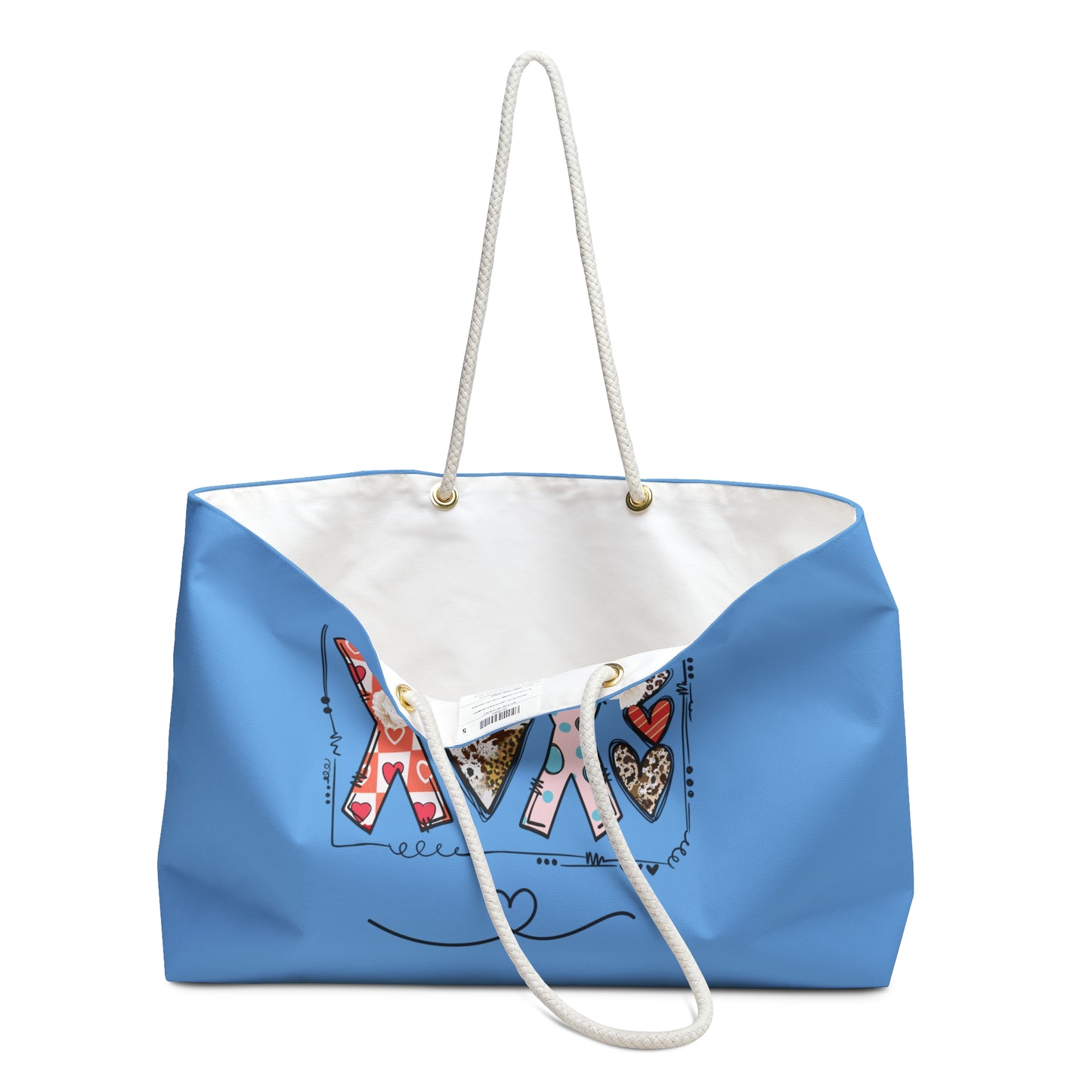 Blue love graphic weekender bag with white interior and rope handles by Printify