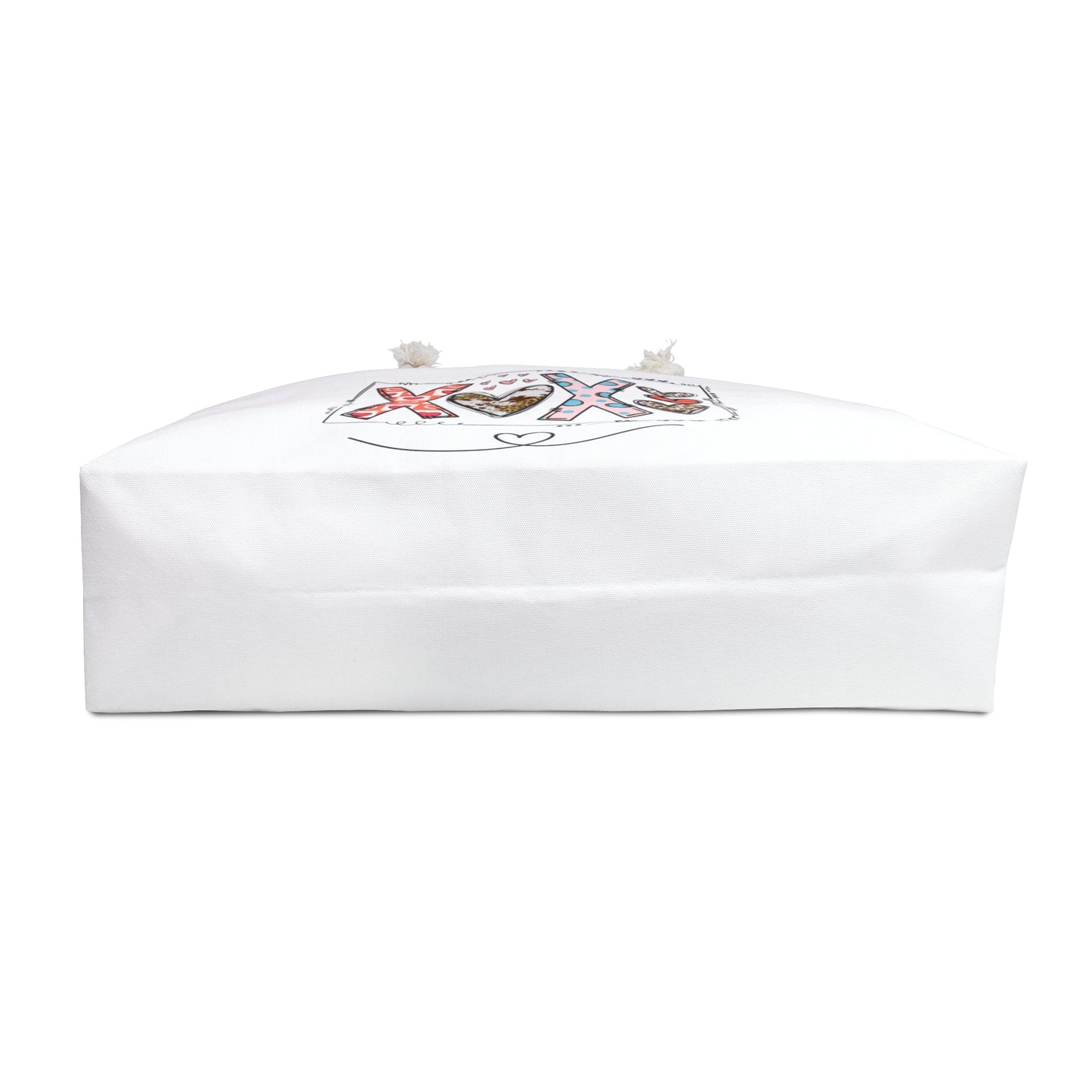 White love themed travel tote bag with artistic XOXO heart design and rope handles by Printify