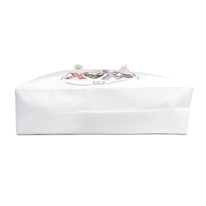 White love themed travel tote bag with artistic XOXO heart design and rope handles by Printify