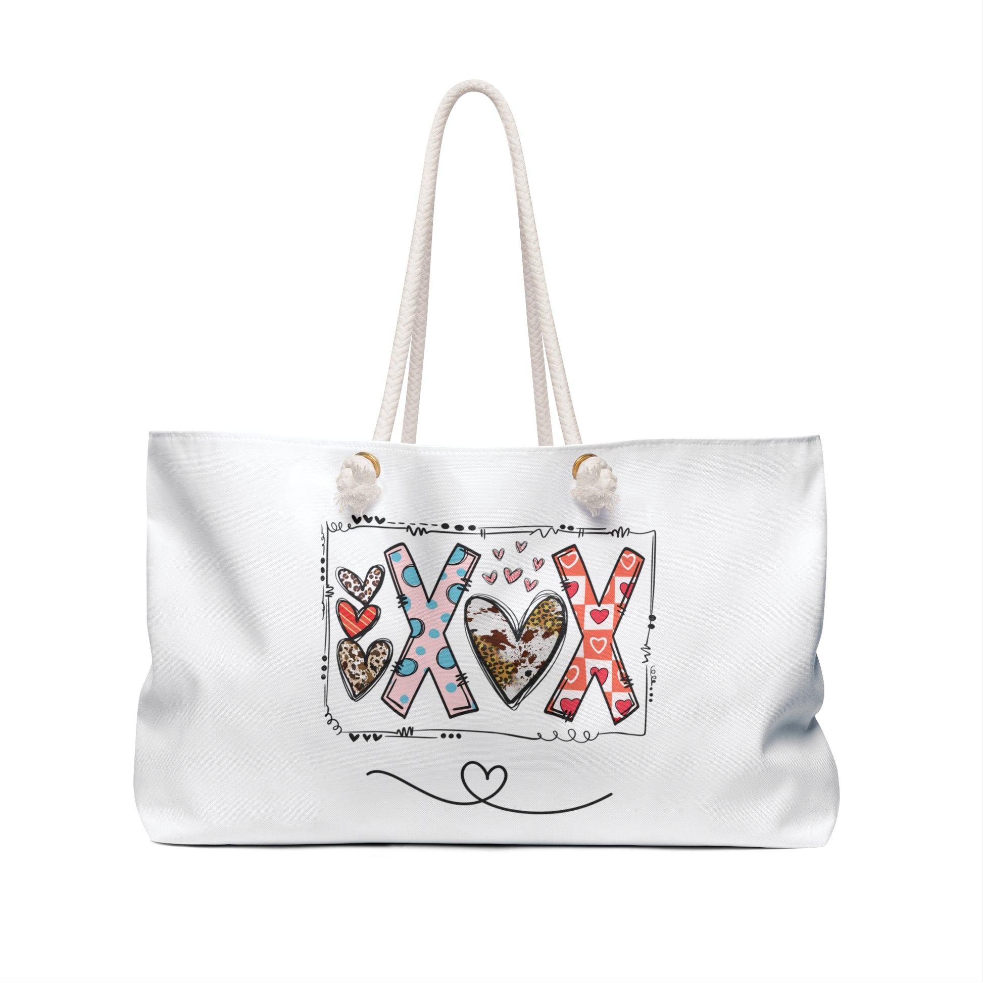 Printify love themed travel tote bag with colorful heart and XOX design on white background