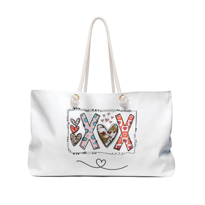 Printify love themed travel tote bag with colorful heart and XOX design on white background