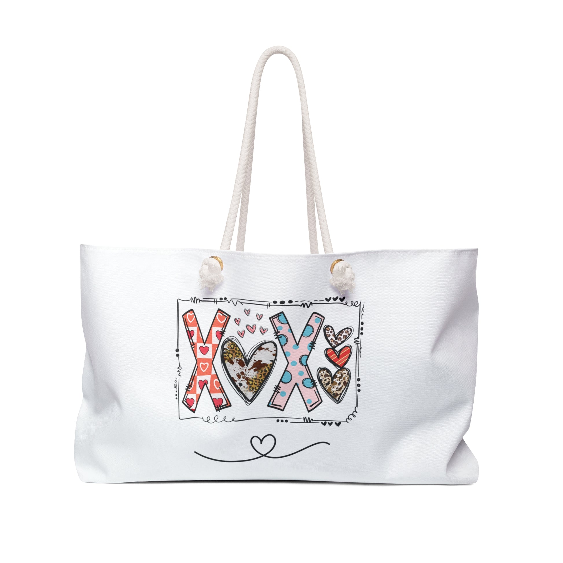 Printify love themed travel tote bag with colorful XOX hearts design and white rope handles