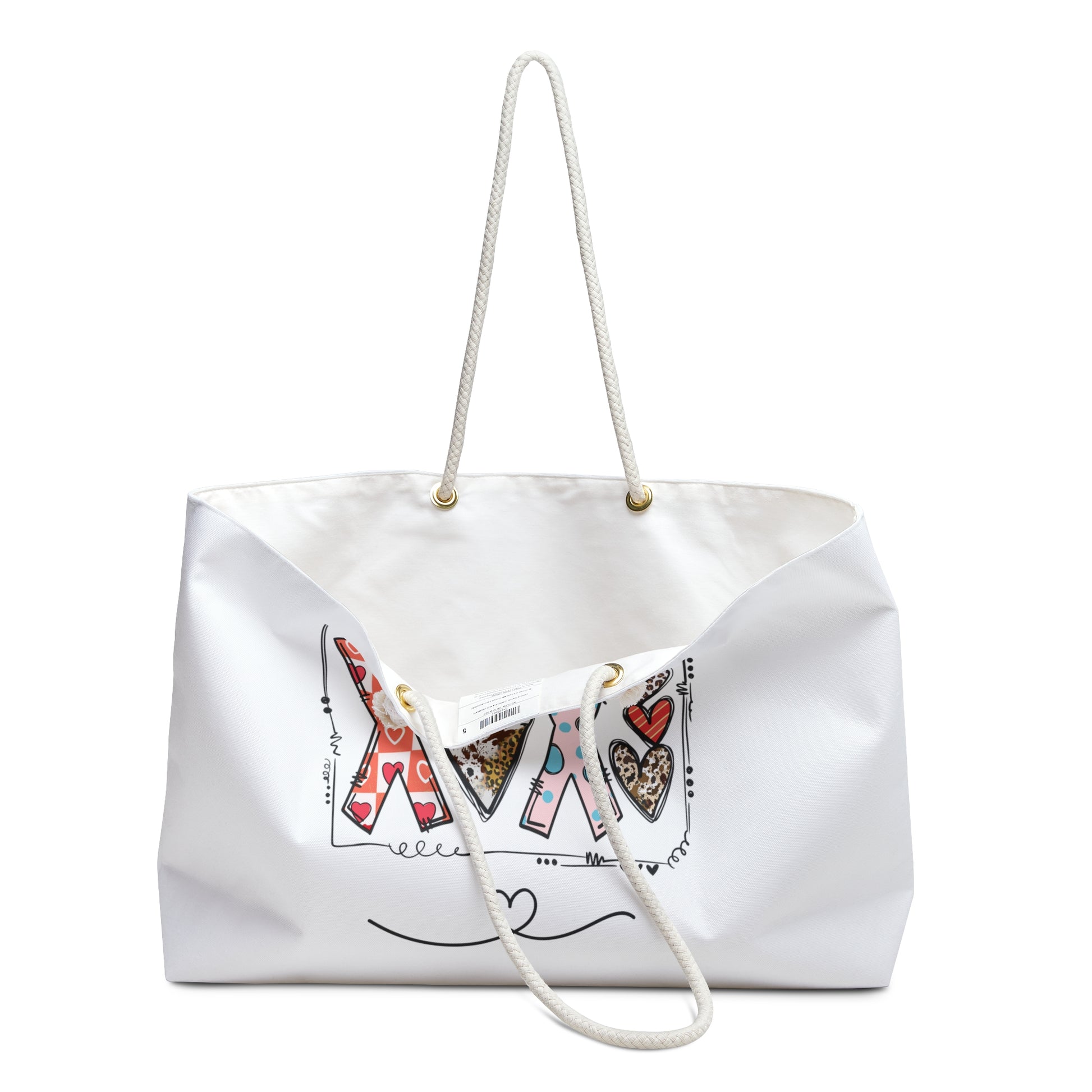 Printify love themed travel tote bag in white with colorful heart and letter design and rope handles
