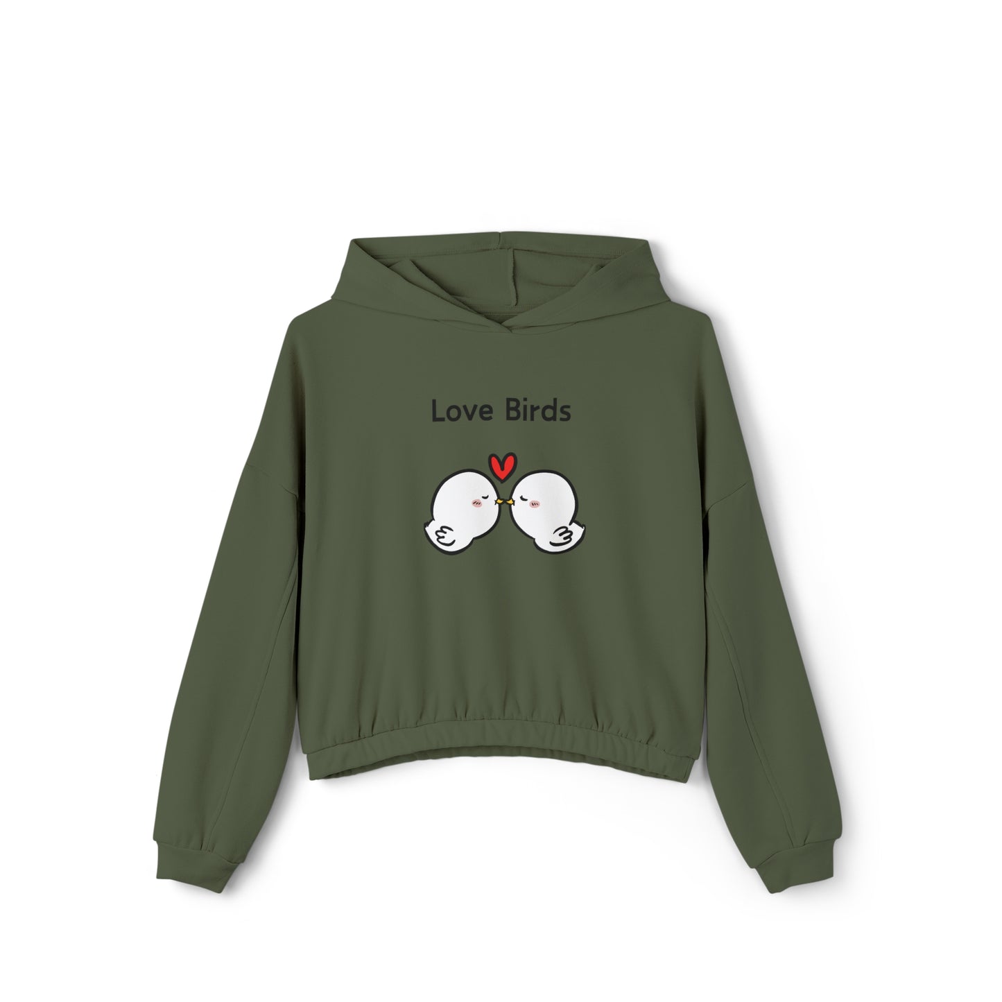 Olive green hoodie with Love Birds graphic featuring two kissing birds cute sweatshirts with sayings
