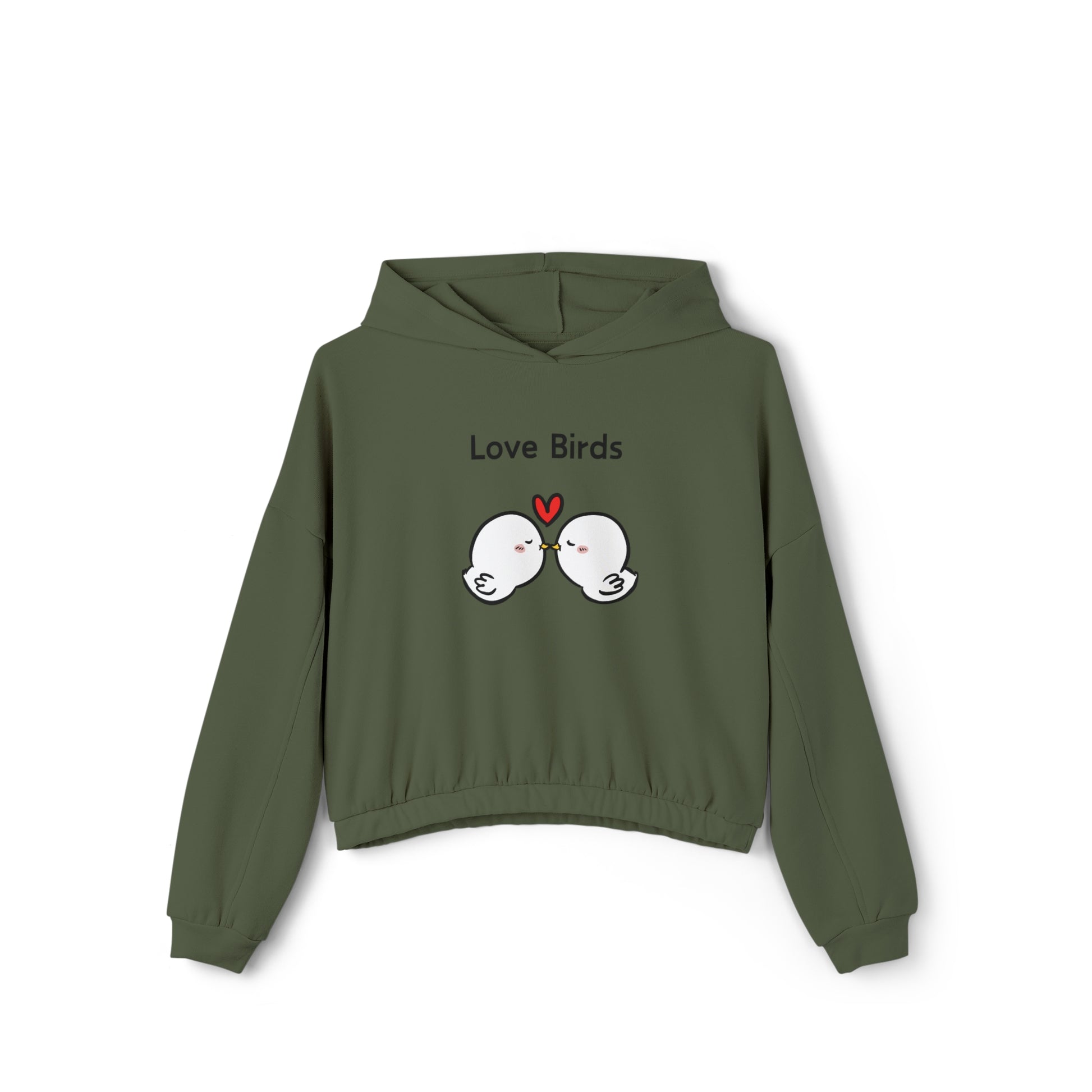 Olive green hoodie with Love Birds graphic featuring two kissing birds cute sweatshirts with sayings