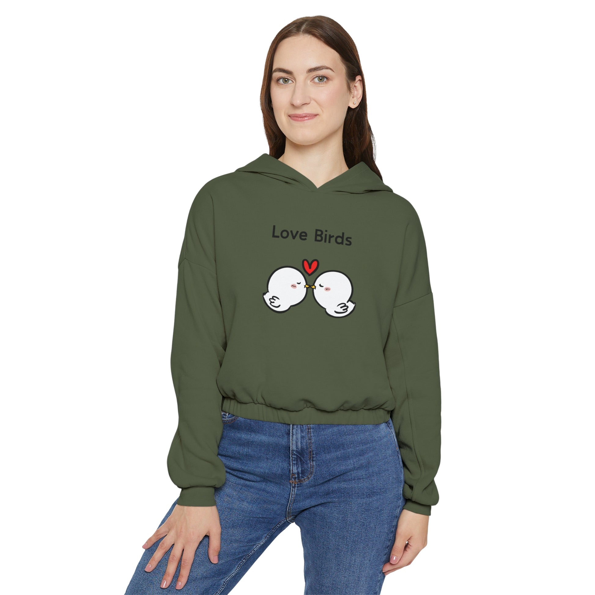 Printify olive green hoodie featuring cute sweatshirts with sayings love birds design