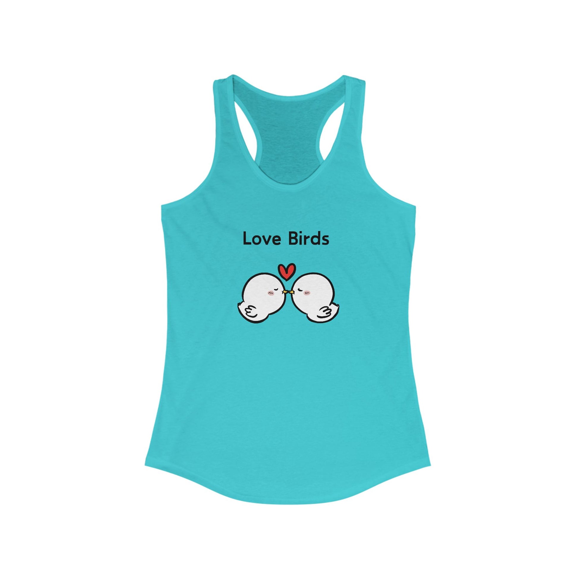 Turquoise Printify tank top with love birds graphic and heart design for casual wear tanktops