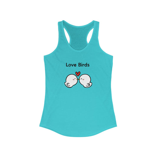 Turquoise Printify tank top with love birds graphic and heart design for casual wear tanktops