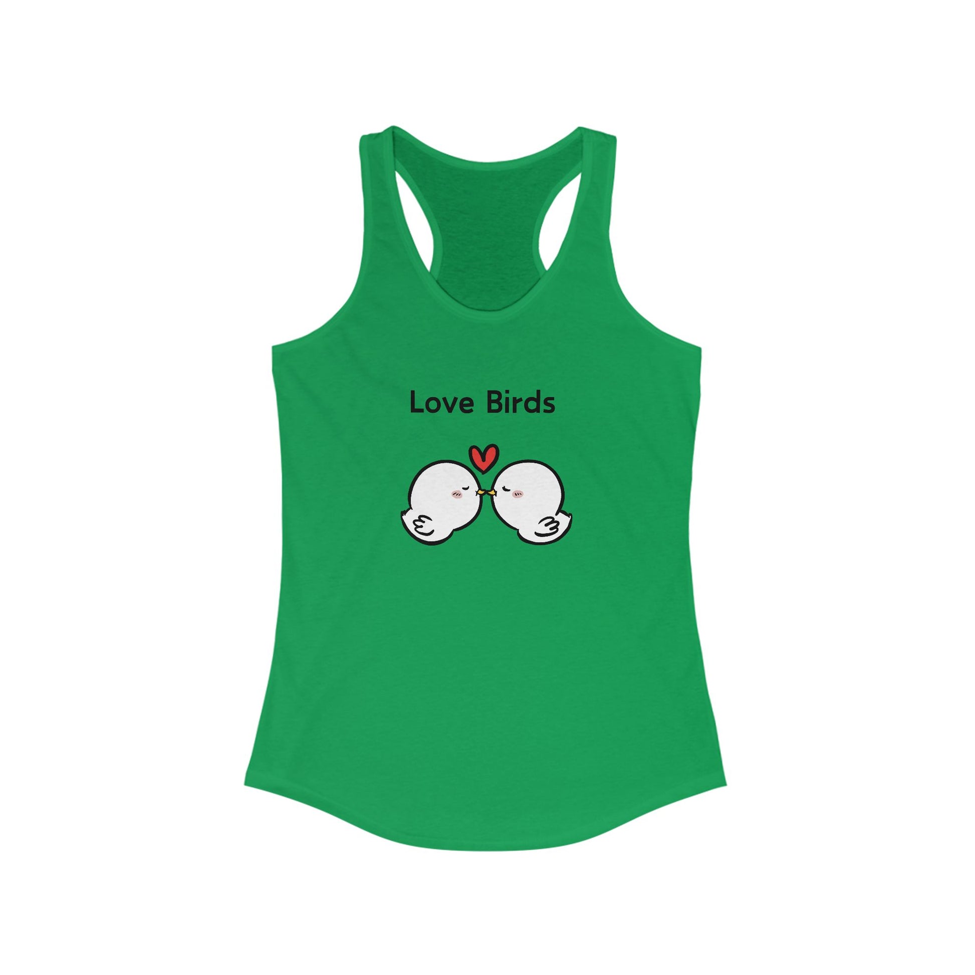 Green Printify tank top featuring cute Love Birds graphic and heart, perfect casual tanktops