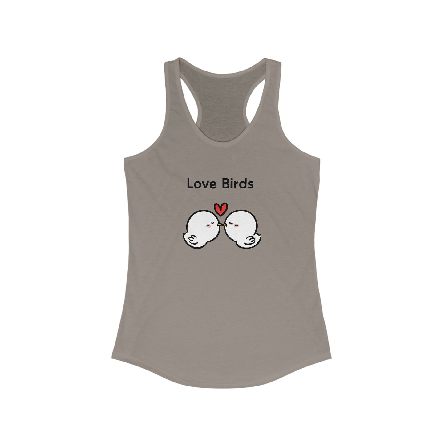 Printify gray tank top with cute Love Birds design featuring two kissing white birds and a red heart tanktops