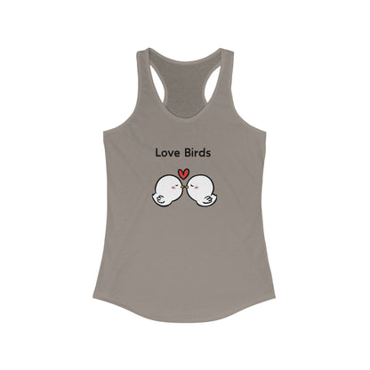 Printify gray tank top with cute Love Birds design featuring two kissing white birds and a red heart tanktops