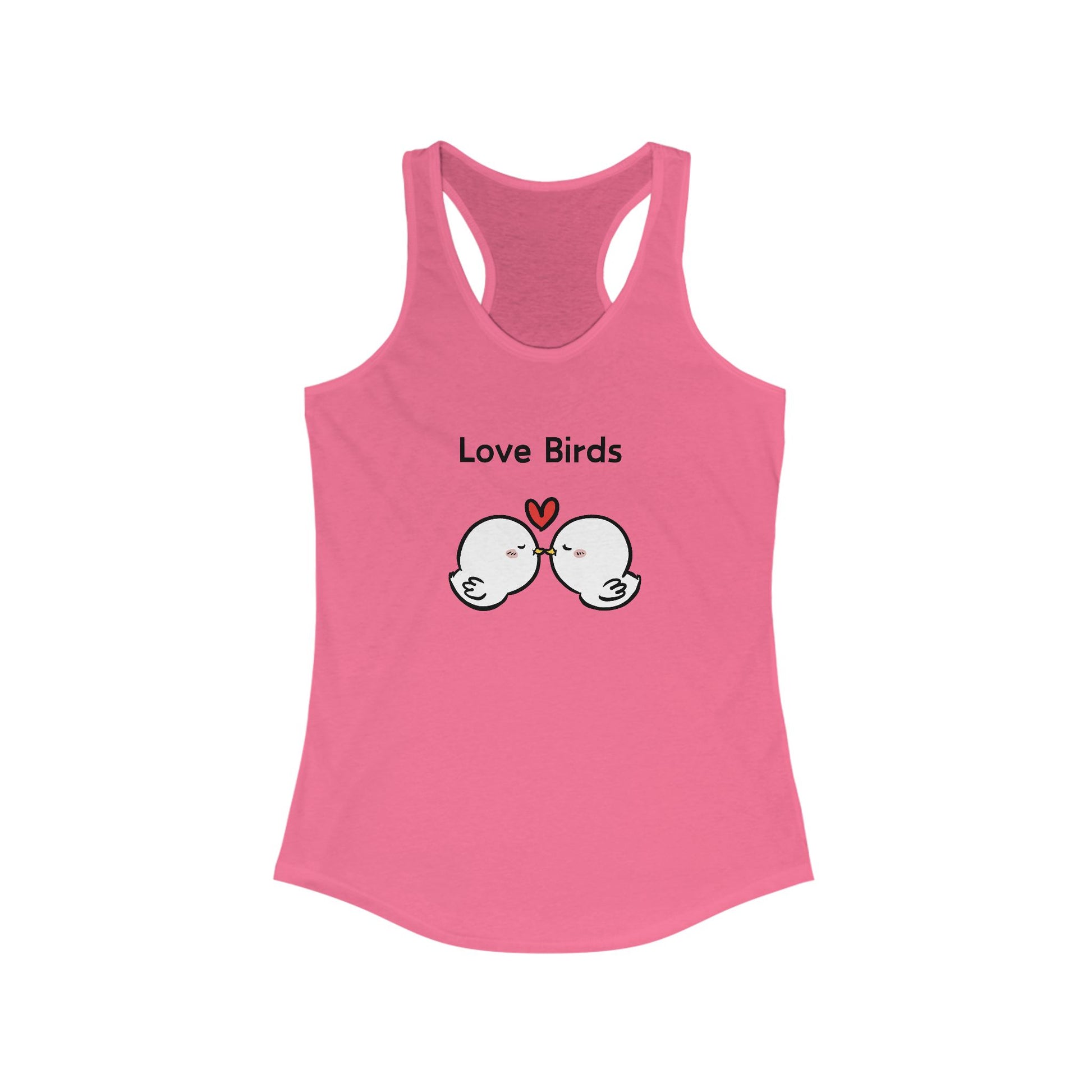 Pink Printify tank top with cute love birds graphic and heart design for casual wear tanktops