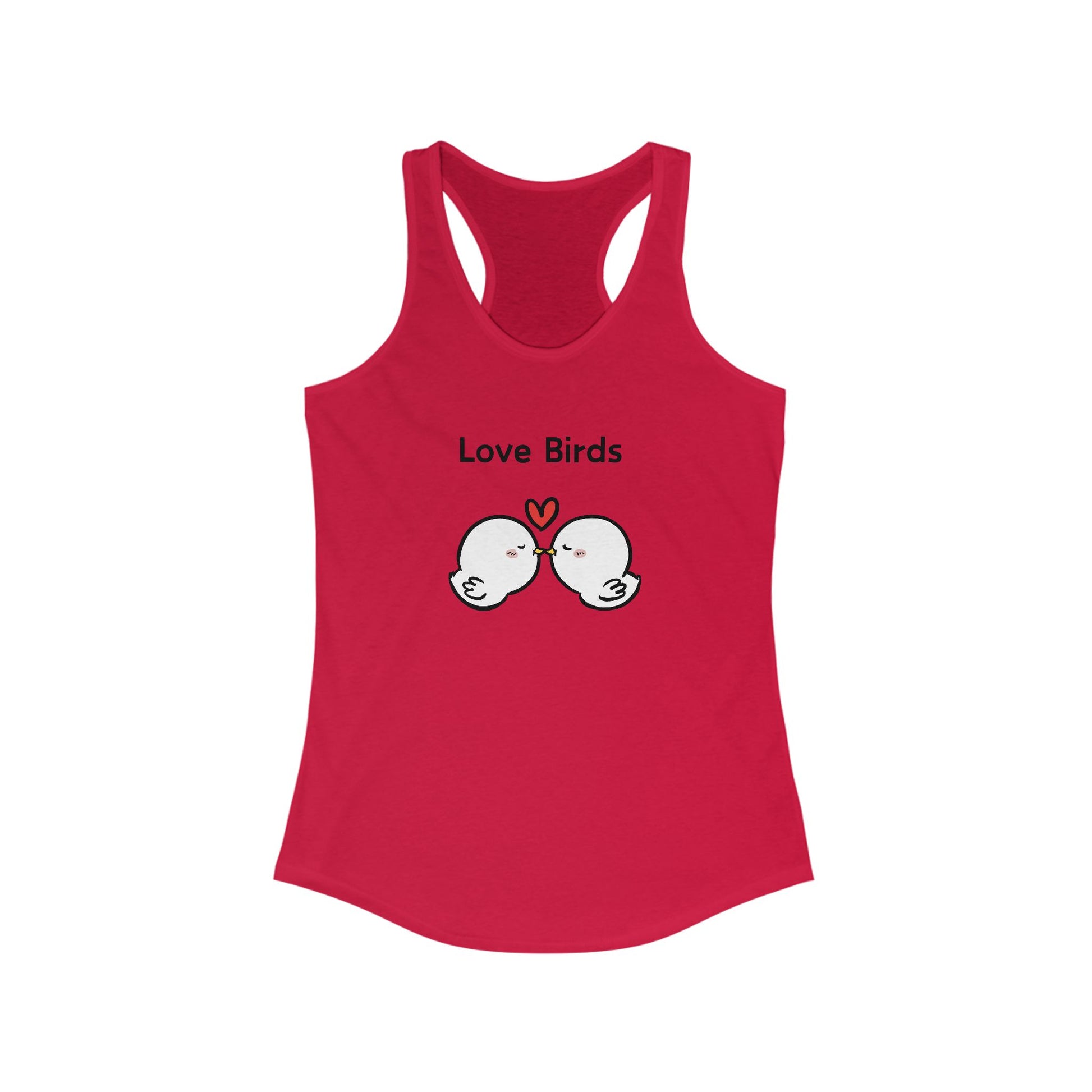 Red Printify tank top with cute Love Birds graphic design for casual wear tanktops