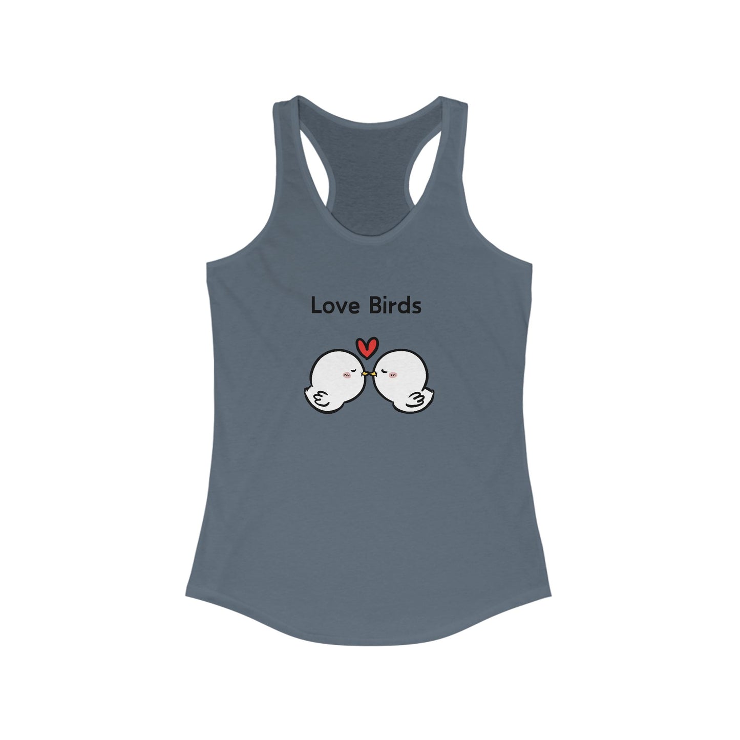 Gray Printify tank top with love birds graphic and heart design perfect for casual wear tanktops