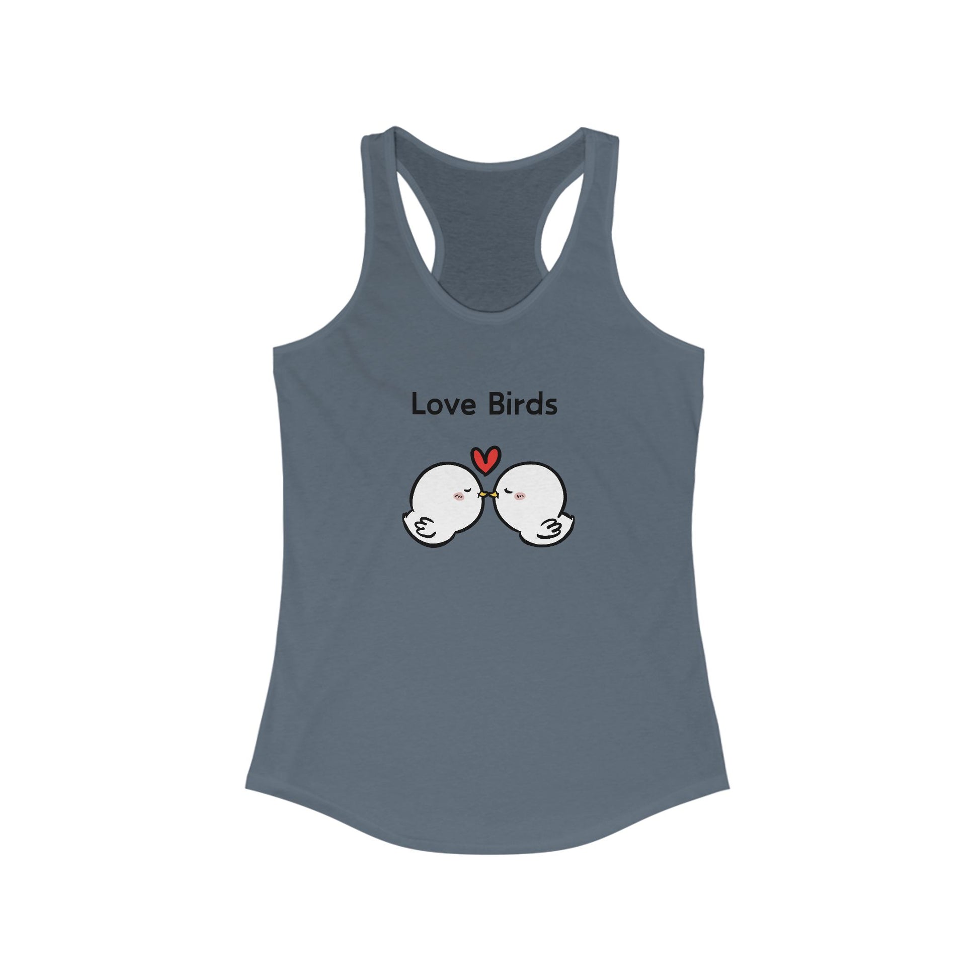 Gray Printify tank top with love birds graphic and heart design perfect for casual wear tanktops