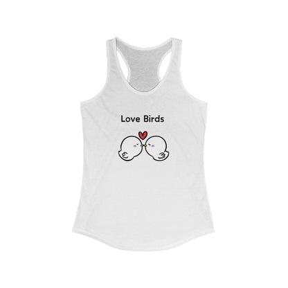 White Printify tank top with love birds graphic and heart illustration perfect for casual wear tanktops