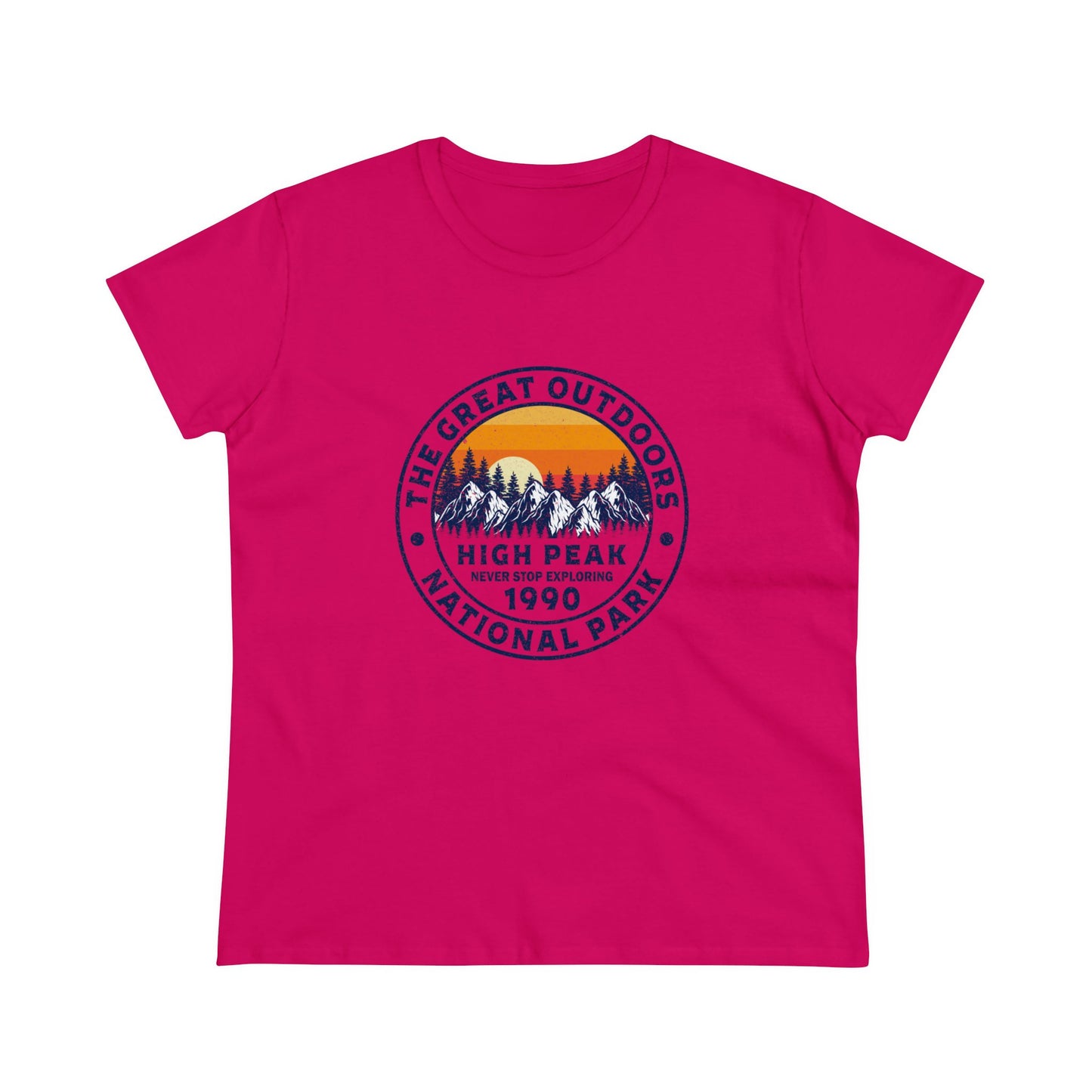 Pink national park t-shirt for women with mountain and sunset graphic print by Printify