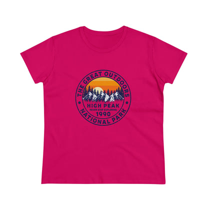 Pink national park t-shirt for women with mountain and sunset graphic print by Printify