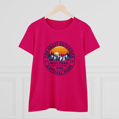 Pink national park t-shirt for women with a mountain and sunset graphic from Printify