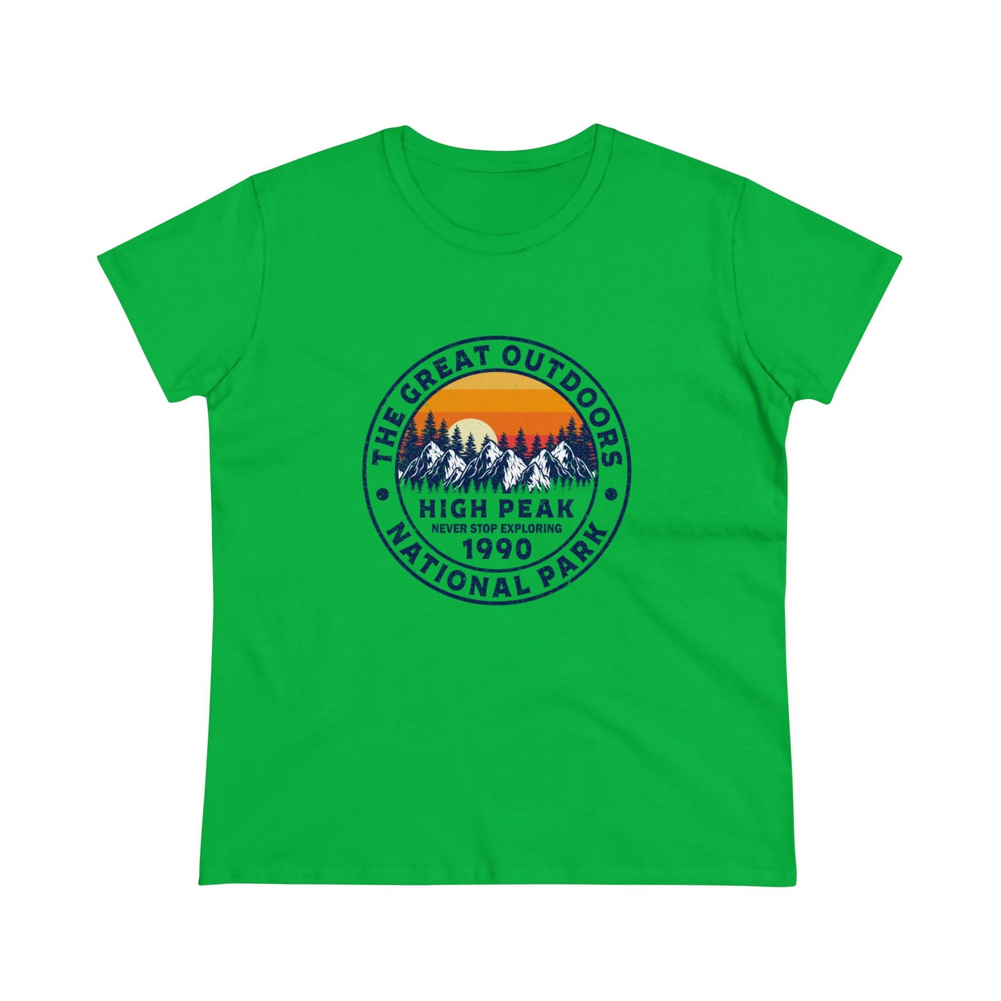 Green national park t-shirt for women with mountain and sunset design by Printify
