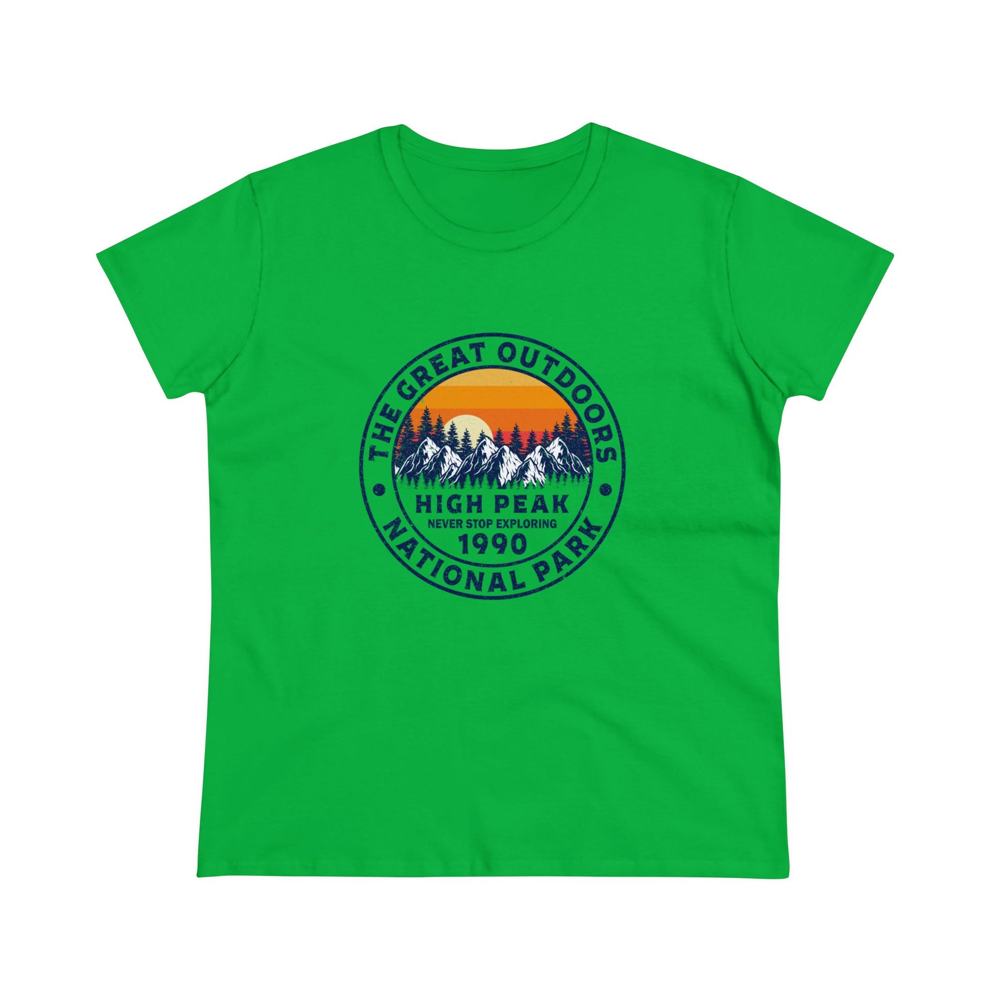 Green national park t-shirt for women with mountain and sunset design by Printify
