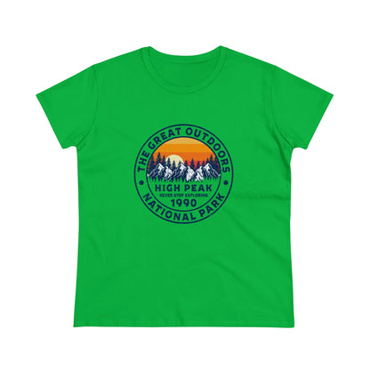 Green national park t-shirt for women with mountain and sunset design by Printify