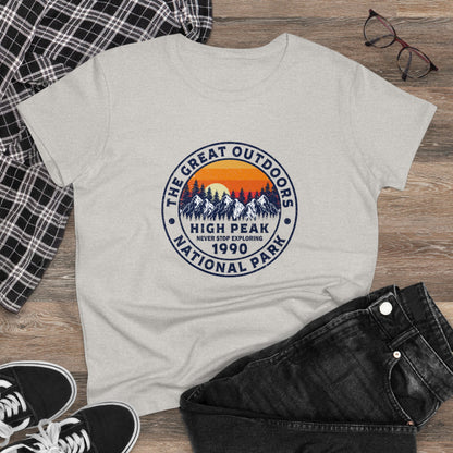 Grey national park t-shirt for women with mountain and sunset graphic from Printify