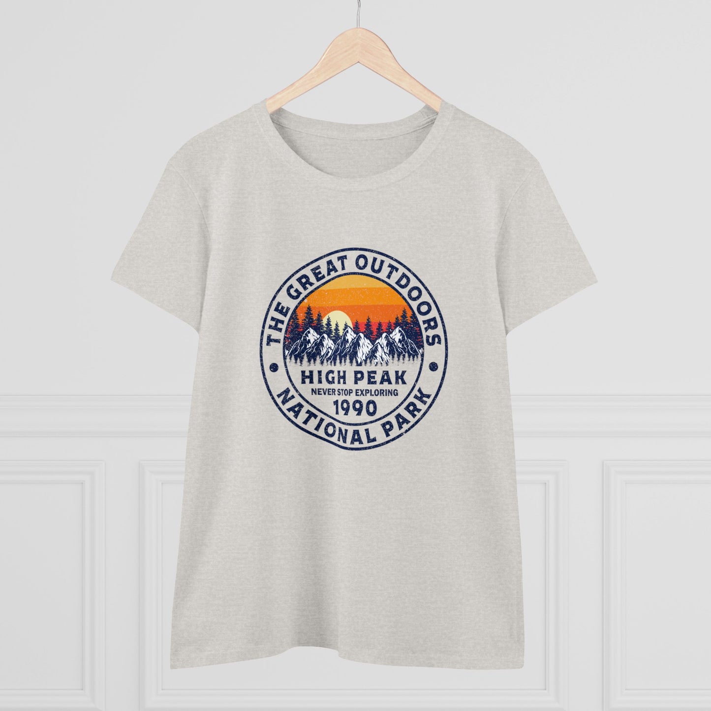 Printify national park t-shirt for women with mountain graphic and sunset design in neutral color