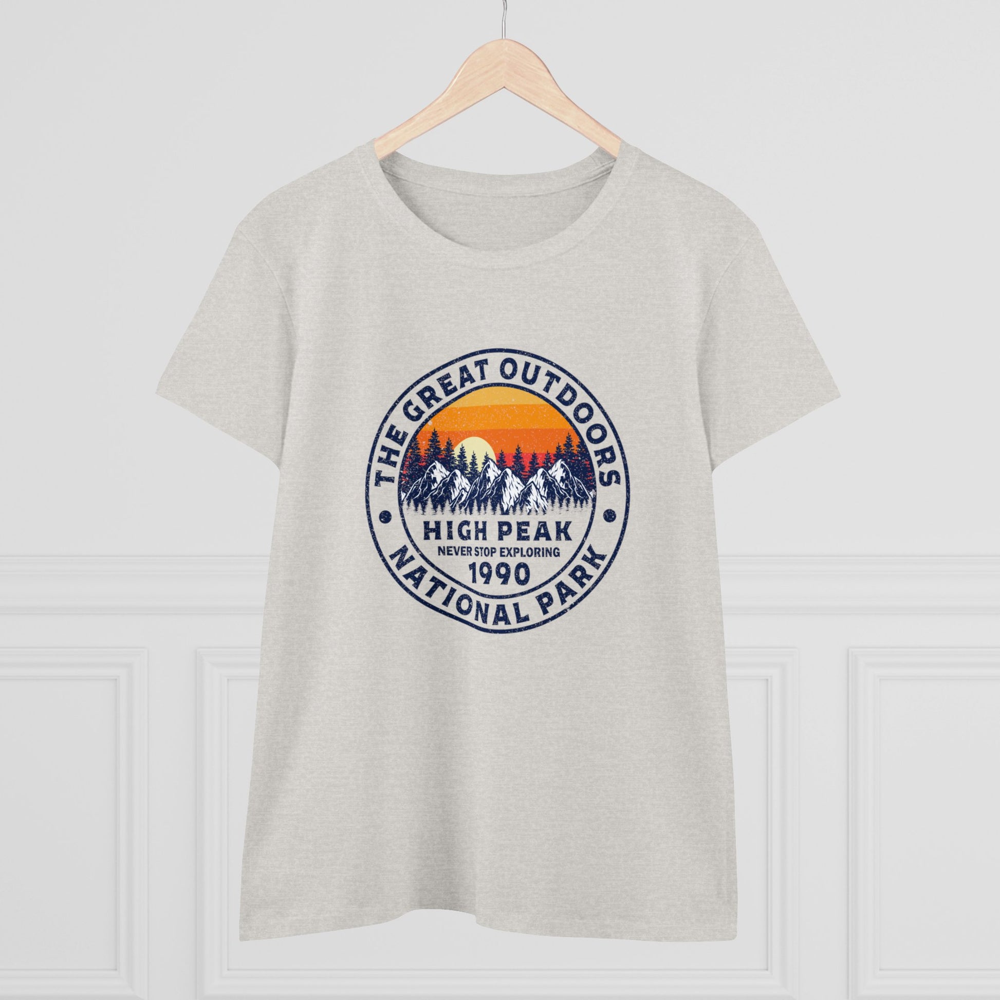 Printify national park t-shirt for women with mountain graphic and sunset design in neutral color