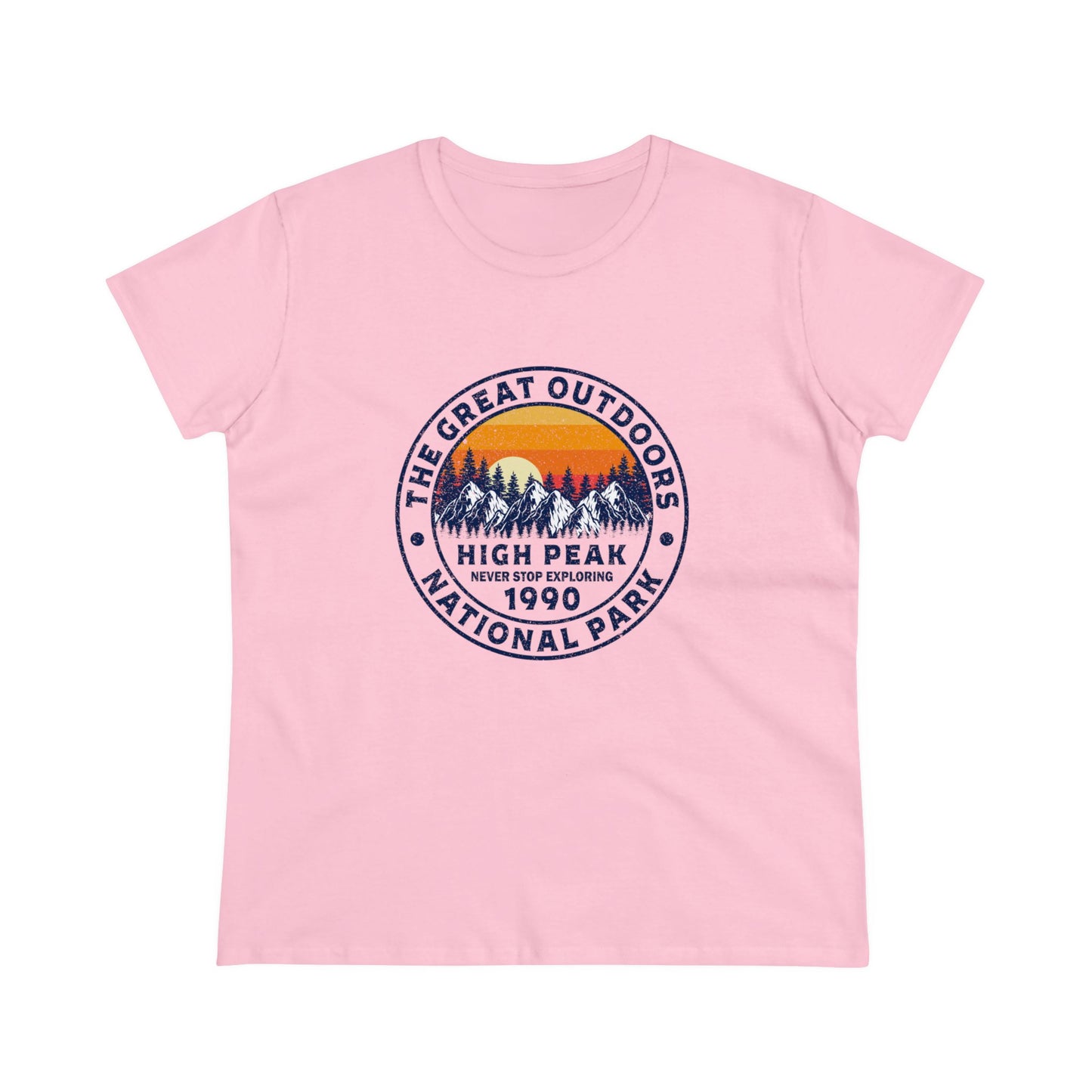 Pink national park t-shirt for women with high peak mountain design and sunset graphic