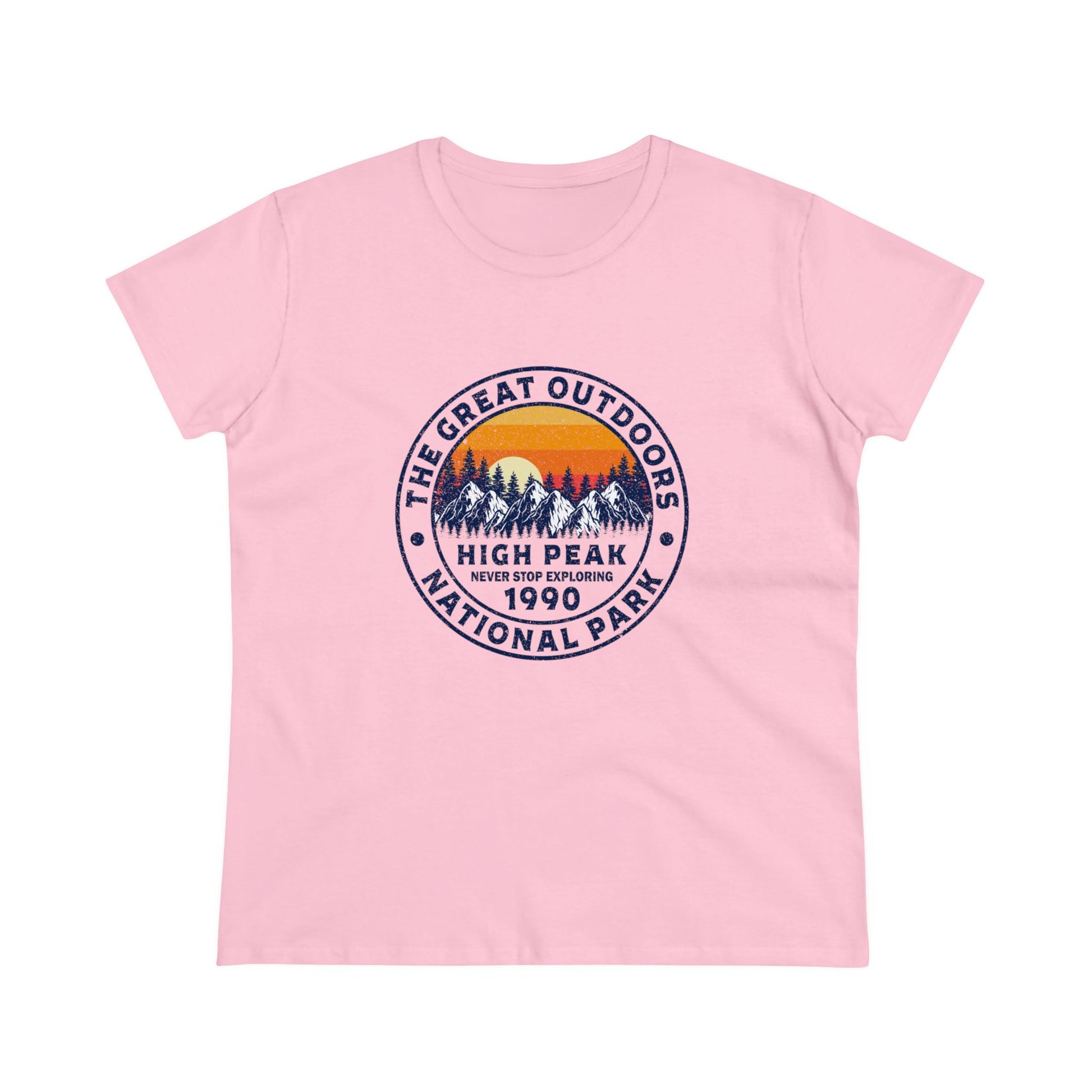 Pink national park t-shirt for women with high peak mountain design and sunset graphic