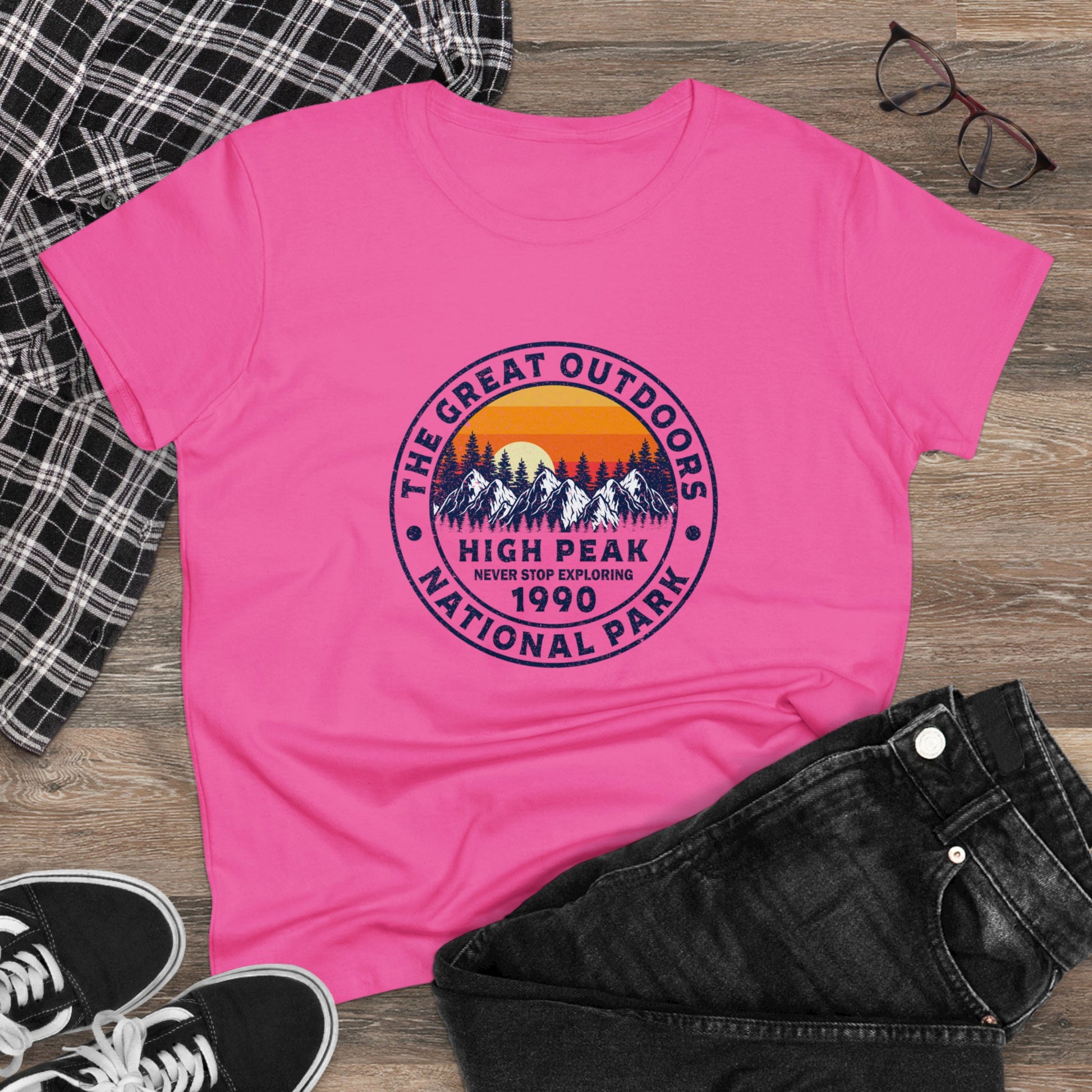 Pink national park t-shirt for women with mountain and sunset design by Printify