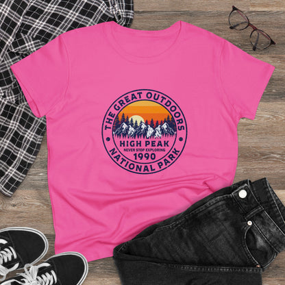Pink national park t-shirt for women with mountain and sunset design by Printify