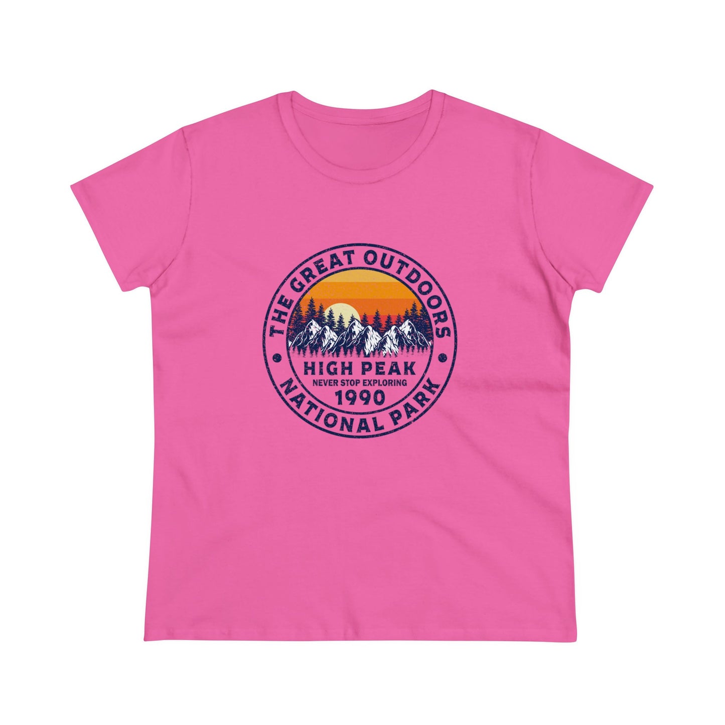 Pink national park t-shirt for women with sunset mountain design and outdoor adventure theme