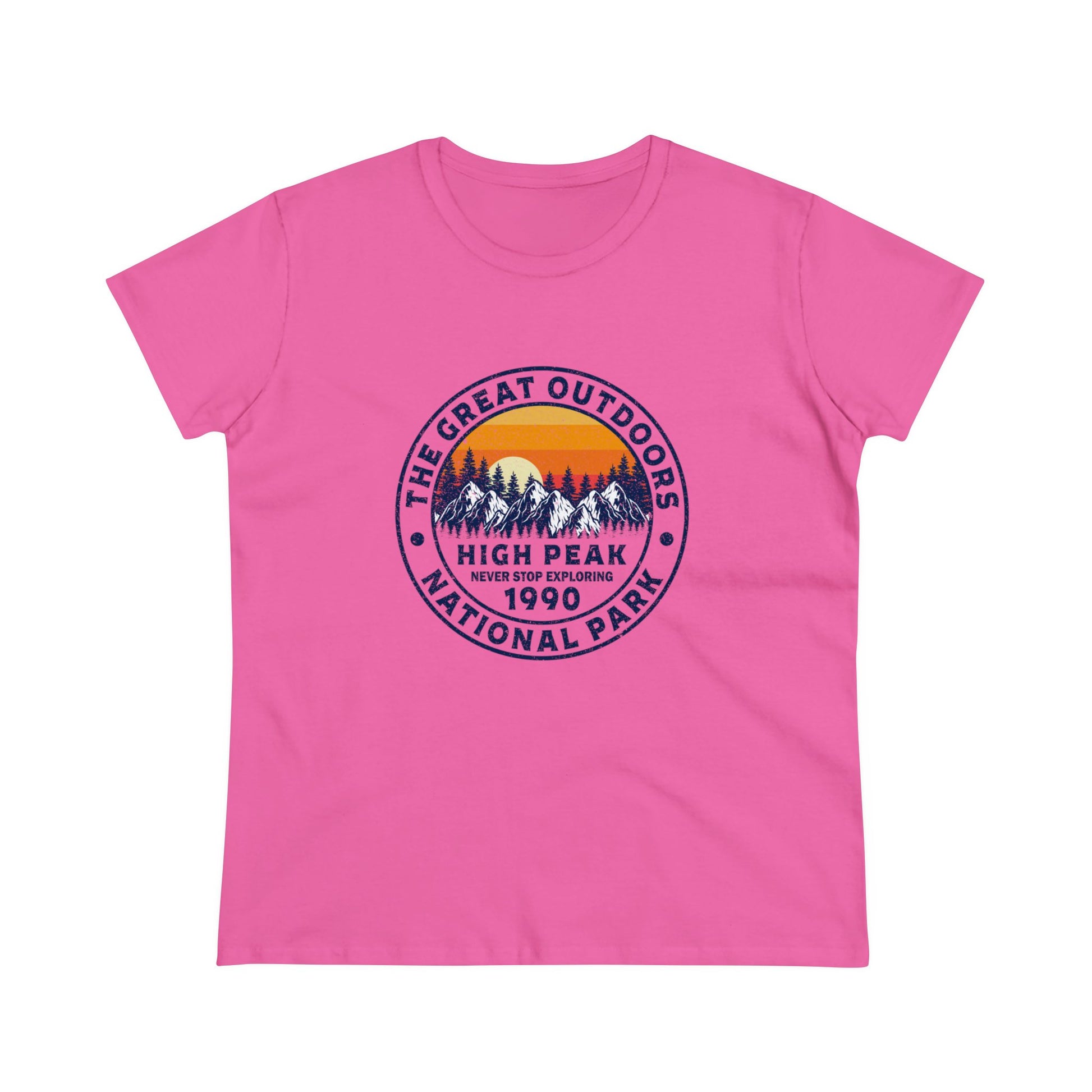 Pink national park t-shirt for women with sunset mountain design and outdoor adventure theme
