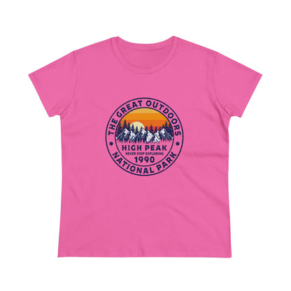 Pink national park t-shirt for women with sunset mountain design and outdoor adventure theme
