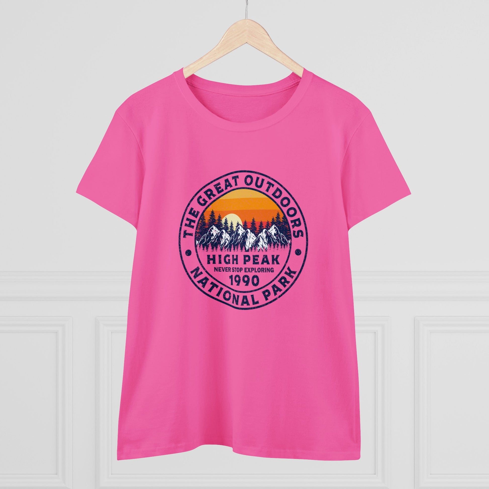 Pink national park t-shirt for women with mountain sunset design from Printify