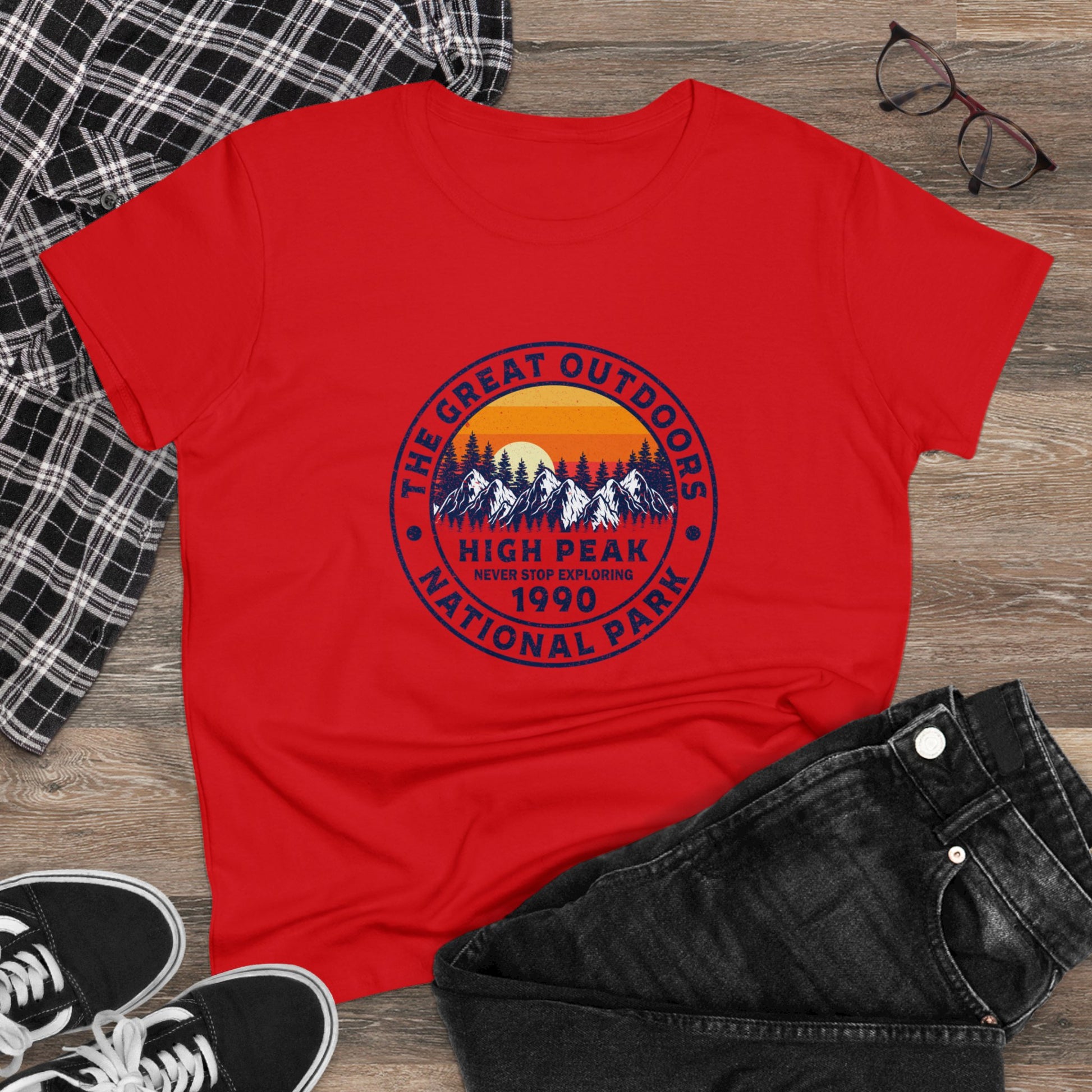 Red national park t-shirt for women with mountain graphic and sunset design from Printify