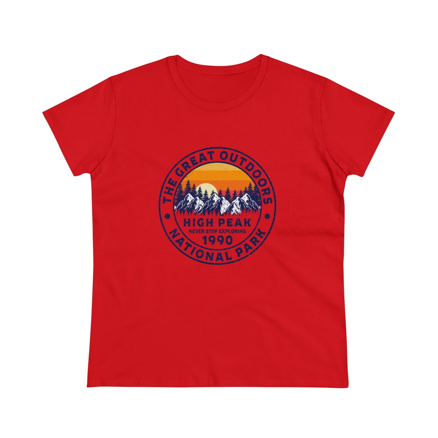 Red national park t-shirt for women with mountain and sunset graphic print by Printify