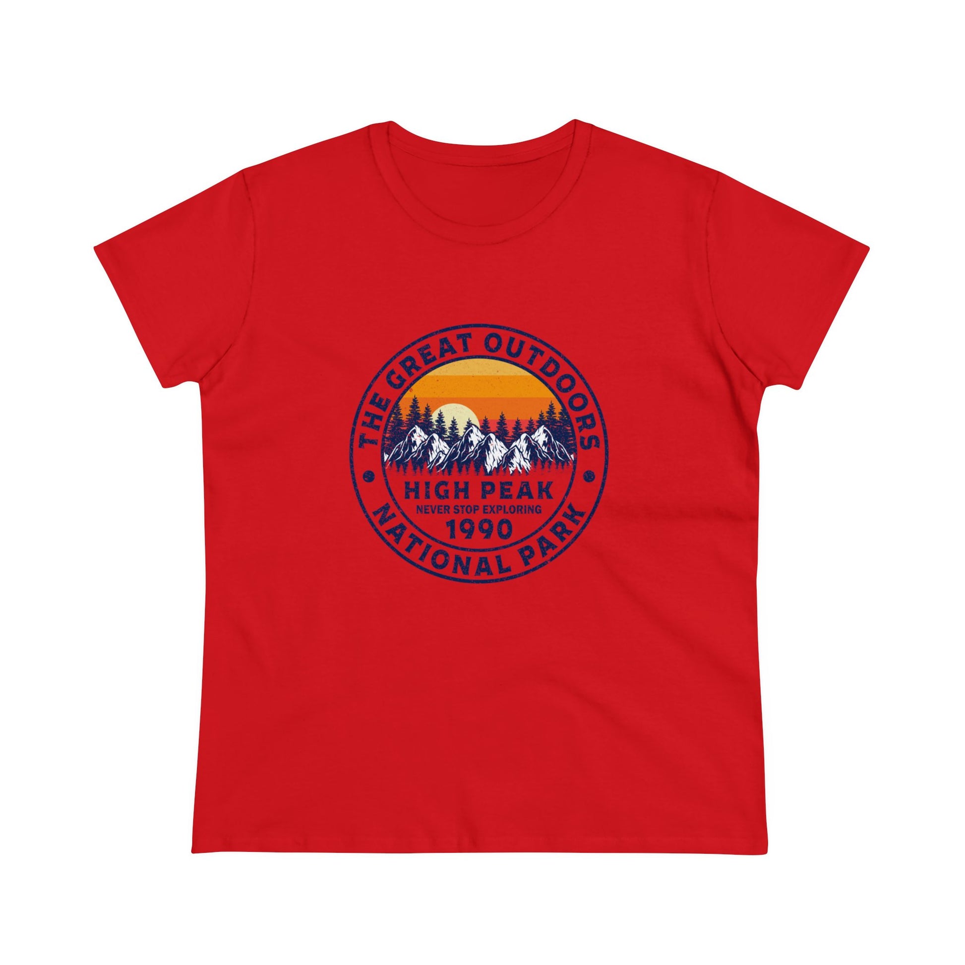 Red national park t-shirt for women with mountain and sunset graphic print by Printify