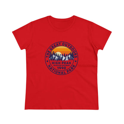 Red national park t-shirt for women with mountain and sunset graphic print by Printify