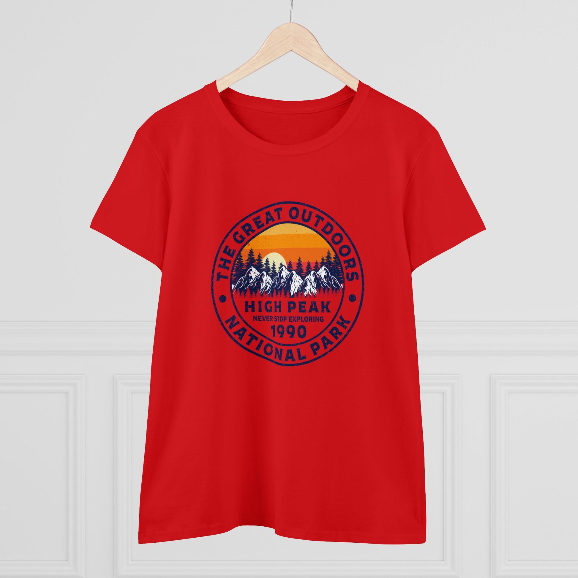 Red national park t-shirt for women featuring a vintage mountain and sunset design from Printify