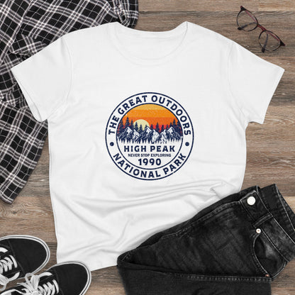 White national park t-shirt for women featuring mountain and sunset graphic with The Great Outdoors design