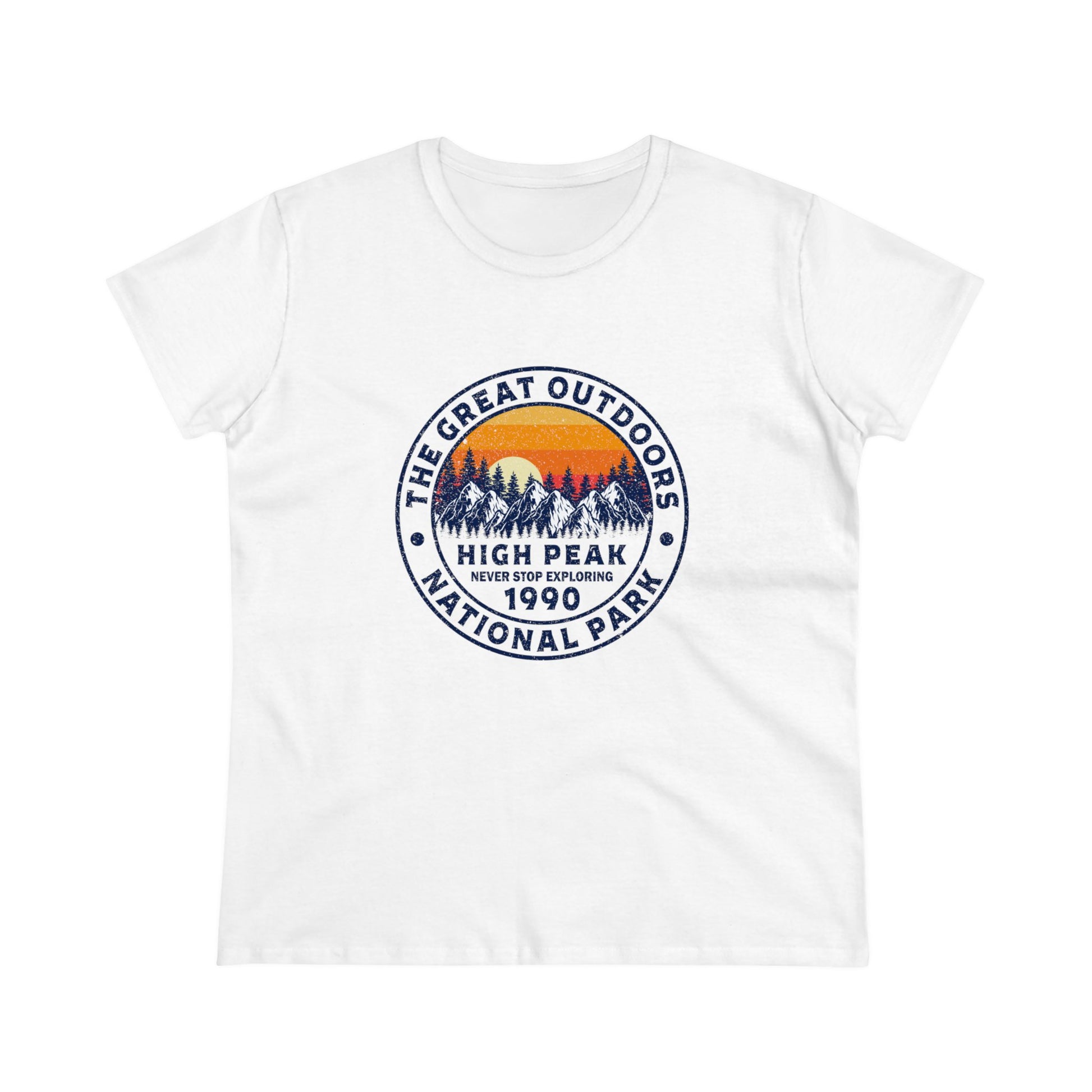 White national park t-shirt for women with mountain and sunset graphic from Printify