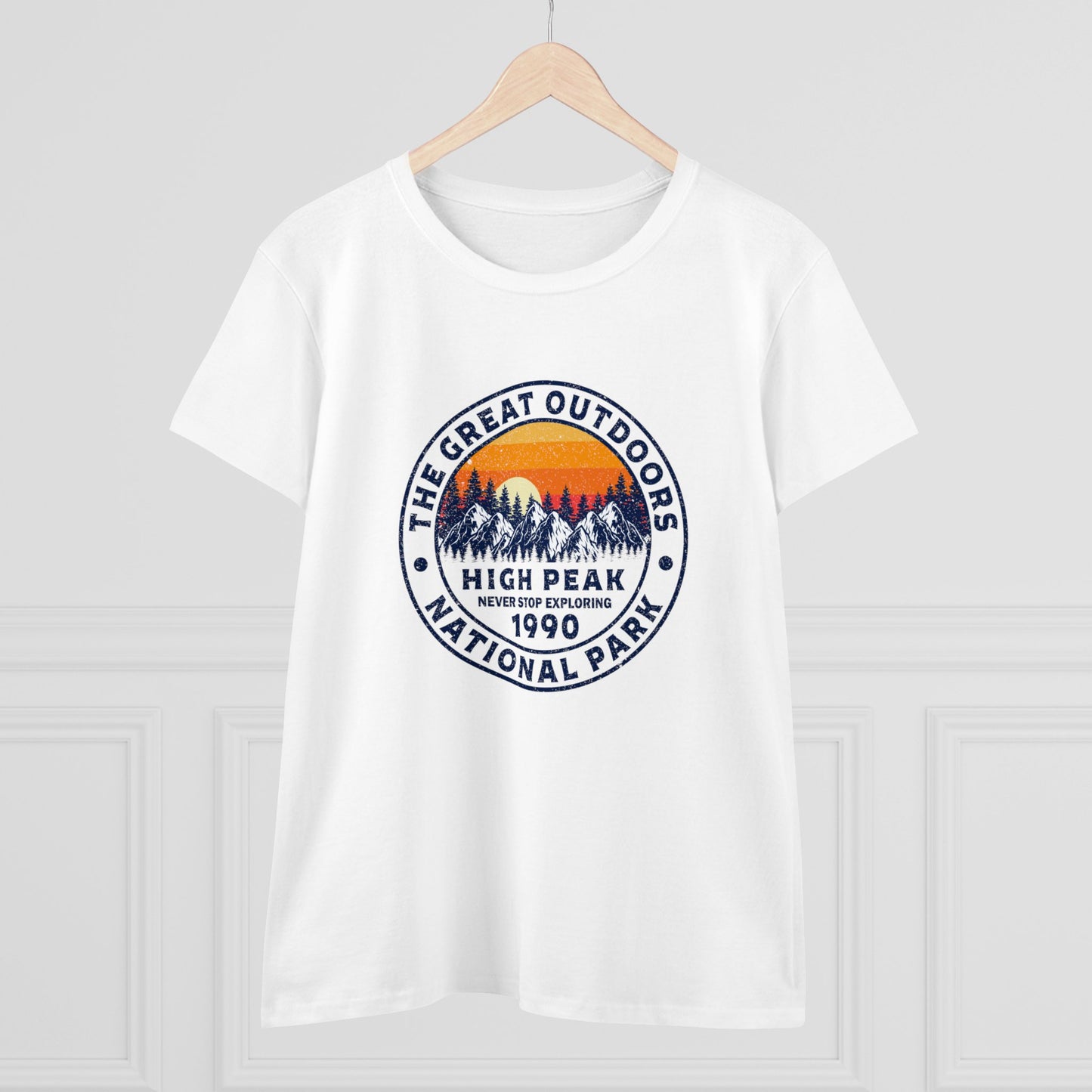 White national park t-shirt for women with a Great Outdoors High Peak 1990 graphic design